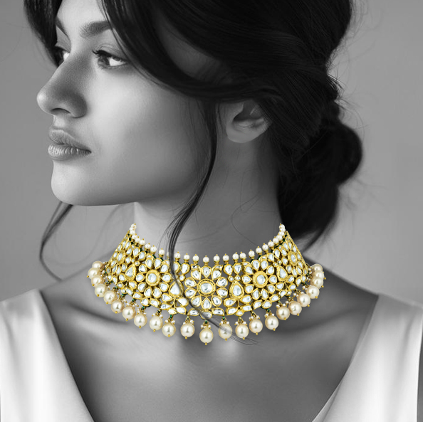 Polki Floral Choker with Gold Setting and Pearl Rows